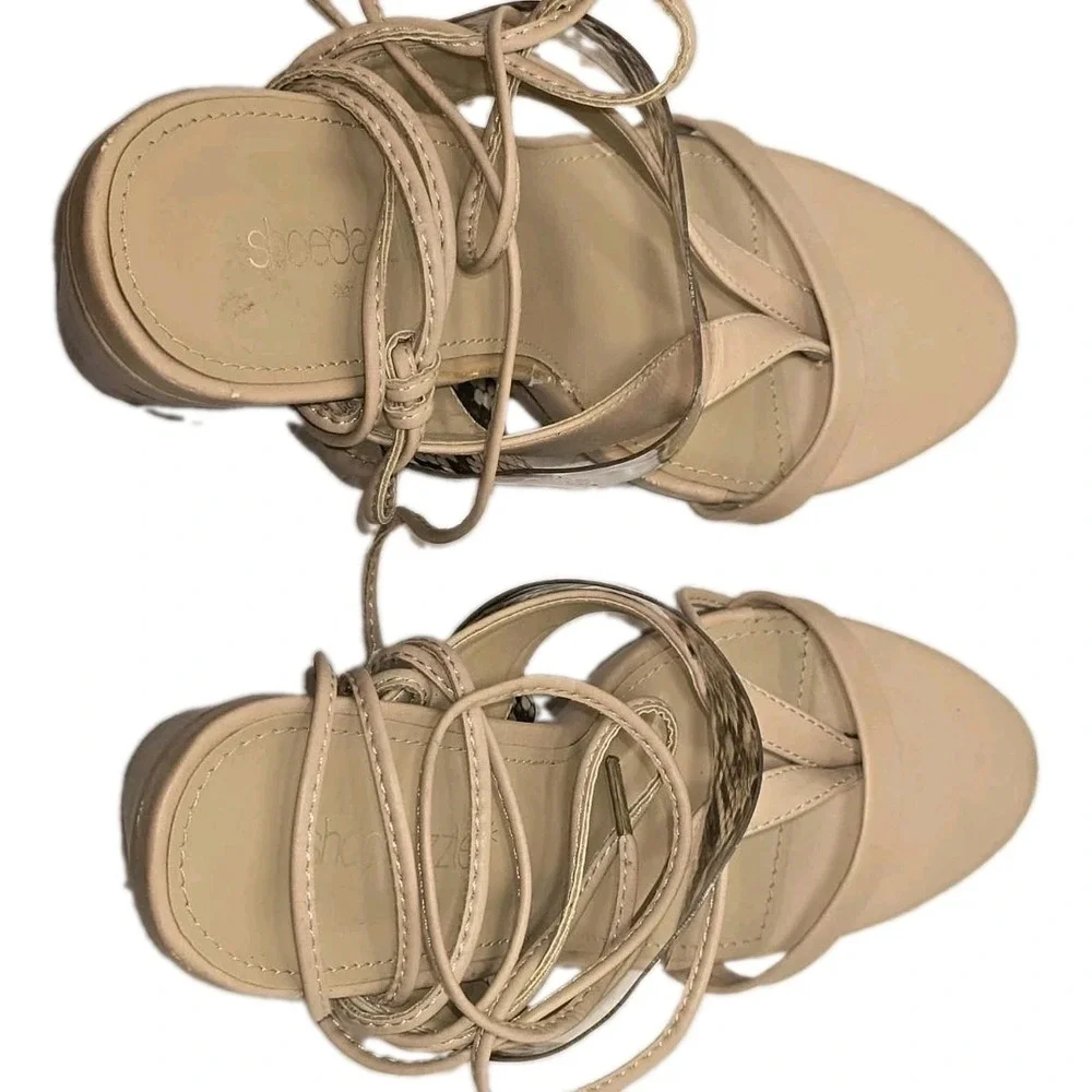 ShoeDazzle Sylma Nude Snake Print Block Heel Lace Up Sandals Women's US 10